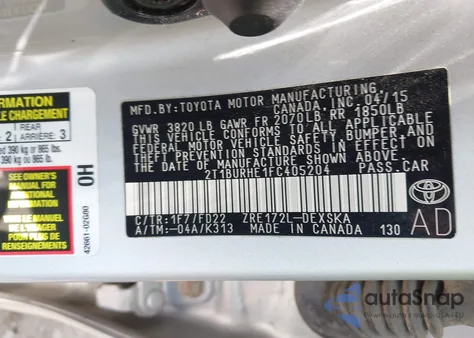 2015 Toyota Corolla S Plus from USA, damaged, VIN 2T1BURHE1FC405204